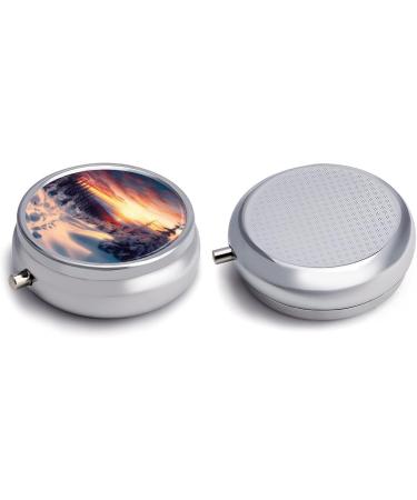 Round Pill Box - Winter Snow Sunset Landscape Print | 3 Compartment Decorative Metal Organizer | Portable Pocket Pill Case - Buy Online on GoSupps.com