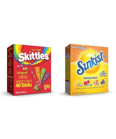 The Jel Sert Company Skittles Singles to Go Drink Mix Variety Pack Sugar Free - 30 Sticks & Sunkist Soda Variety Pack Singles To Go Orange Strawberry Grape and Peach (30 Total Sticks)