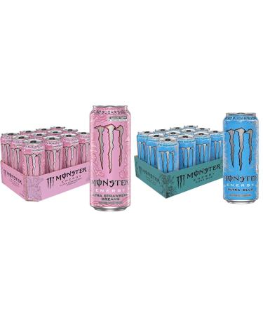 MONSTER ENERGY Ultra Strawberry Dreams 473mL Cans Pack of 12 & Ultra Blue 473mL Cans Pack of 12