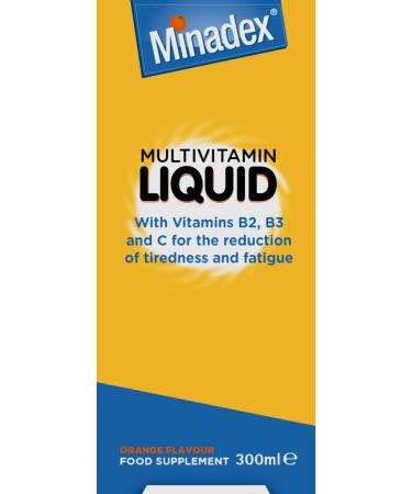 Minadex Multivitamin Liquid for Adults & Kids (Delicious Orange Flavour) 300 ml - Omega-3 & Vitamins A B2 B3 C D E for Reduction of Tiredness and Fatique 300 ml (Pack of 1)