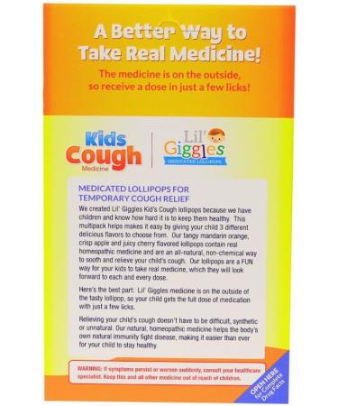 Lil' Giggles Kids Medicated Lollipops - Sweet Gentle Relief for Kids & Non-drowsy - Kids Cough Sore Throat Congestion & Hoarseness - Homeopathic Remedy Children's Love - Apple Cherry & Orange 12 CT - Buy Online on GoSupps.com