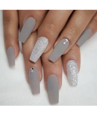 MENILITHS 24Pcs/Set Press On Nails Matte Ballet Grey Silver Matte Diamond Patch False Nails Acrylic Fake Nails Full Cover Nails Tips Artificial Finger Manicure Press on nails for Women and Girls