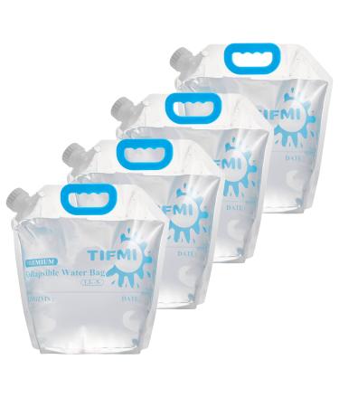 TIFMI 4 Pack 1.3 Gallon Collapsible Water jug Container Bag, BPA Free Food Grade Clear Plastic Storage Tank for Camping Hiking Backpack Emergency, No-Leak Freezable Foldable Water Bottle 4-Pack 1.3 Gallon Without Faucet Transparent