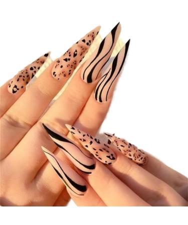 False Nails Long Full Cover Glue Included Leopard Print Press on Nails 24 Pieces Nail Art Tip with Box for Nail Salons and Women DIY Nail Art