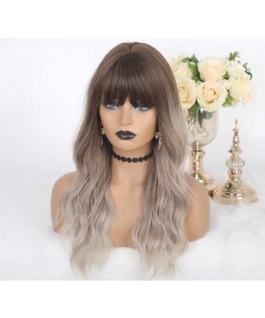 LANOVA 18 Brown Ombre Ashy Silver Wigs with Bangs | Synthetic Glueless Wigs for Women - Buy Online on GoSupps.com