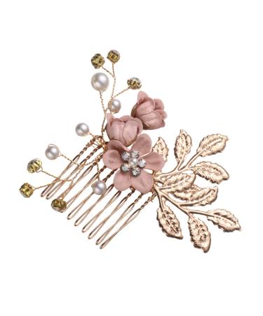 Didiseaon Flower Hair Accessories Rhinestone Headpiece Bridal Headpiece Rhinestone Hair Comb Jeweled Hair Combs Pearl Hair Comb Wedding Gold Hair Comb Clip Tiara Crystal Set Pink Bride