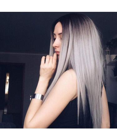 Wig European and American fashion women s gradient black and gray in the long straight hair wigLinen yellow Grandma ash