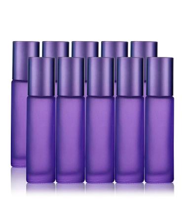 10Pcs, 10ml Essential Oils Roller Bottles, JamHooDirect Empty Refillable Colorful Frosted Glass Roll on Bottles with 1 Opener & 1 Dropper, Perfect for Aromatherapy, Perfume (Purple Color)