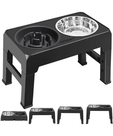 URPOWER Raised Slow Feeder Dog Bowls 4 Height Adjustable Elevated Dog Bowls with Stainless Steel Dog Water Bowl and Dog Slow Feeder Non-Slip Dog Food Bowls Stand for Small Medium Large Dogs and Pets Black