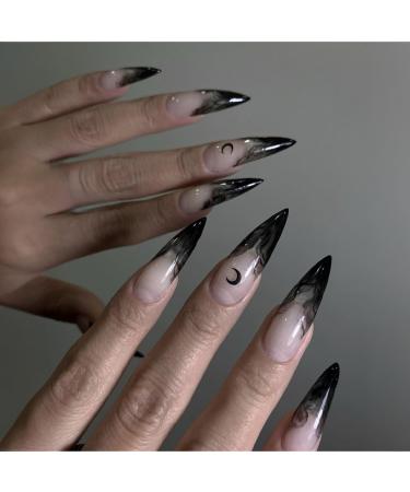 Halloween Press on Nails Long Stiletto MABKJLF French Tip Fake Nails Black Blood Gradient Full Cover False Nails with Moon Designs Glossy Glue on Nails Artificial Nails for Women Girls 24 Pcs L5