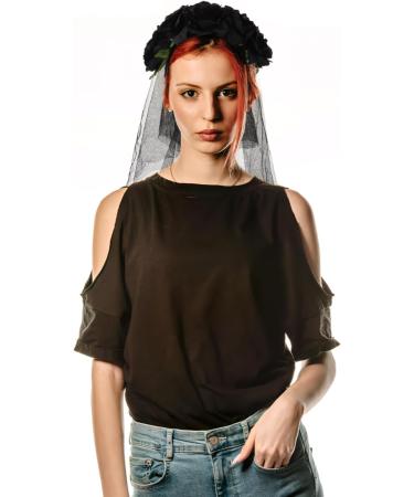 Artibetter Halloween Rose Flower Headband Halloween Black Veil with Rose Flower Crown Halloween Rose Flower Headband with Long Black Veil Makeup Veil Halloween Hair Accessories - Buy Online on GoSupps.com