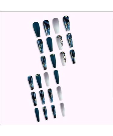 Gradient Blue Coffin Press on Nails with Gold Foil Designs - 24 Pcs Long Coffin Style - Buy Online on GoSupps.com