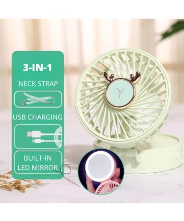 UNAGLAM Compact Pocket Makeup Mirror with LED Light & Fan - 3-in-1 Mini Travel Mirror for Makeup & Cooling - USB Rechargeable - Grass - Buy Online on GoSupps.com