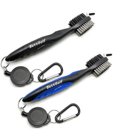 Pack of 2 Golf Club Brush and Groove Cleaner Brush Brushes for Golf Shoes/Golf Club/Golf/Golf Groove, Attach 2 feet Retractable Zip-line Aluminum Carabiner (Black+Blue)