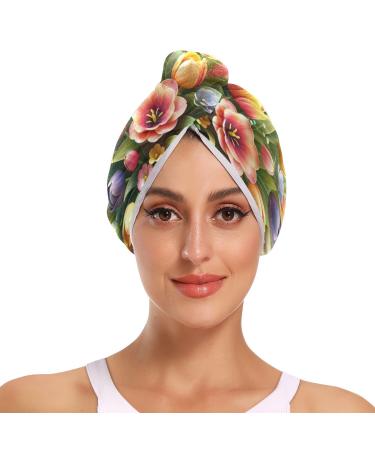 A Beautiful and Elegant Tulip Flower Arrangement Mother's Day Hair Towel 2 Pack Super Absorbent Hair Drying Towel Quick Dry Hair Turbans Head Towel with Button Twisty Wrap for Women Girls