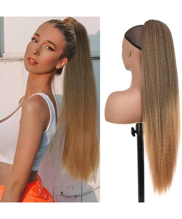 PORSMEER 30 Inch Yaki Straight Drawstring Ponytail Clip In Extensions for Women Kinky Straight Pony Tail Extensions Hair Extensions Ponytail (Black mix blonde) - Buy Online on GoSupps.com