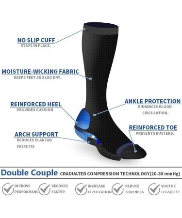 Double Couple 8 Pairs Compression Socks 20-30 mmHg Knee High Medical Stockings for Men Women - Nurses Pregnancy - Black (L-XL) - Buy Online on GoSupps.com