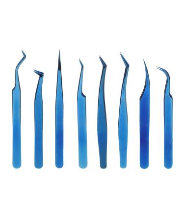 8 pieces eyelashes tweezers stainless steel fine tip ergonomic blue titanium eyelash extension tweezers Set portable durable eye makeup tools for women