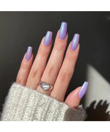 JUSTOTRY 24 Pcs Fake Nails Medium Glitter Purple French Press on Nails Patterns Glossy Ballerina Stick on Nails for Women Acrylic Coffin False Nails Long with Glue for Nail Art purple & Coffin1