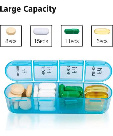 Betife Weekly Pill Box Organizer - 7 Day 4 Compartment Daily Dispenser for Medication, Vitamins and Supplements (Cyan) - Buy Online on GoSupps.com