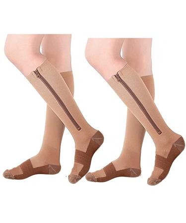 Zip Compression Socks for Women Closed Toe 2 Pair Zipper Socks Calf Easy on Off 15-20 mmHg for Varicose Veins Edema Swollen or Sore Legs