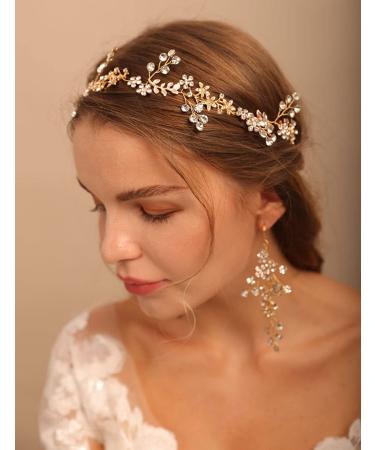 Deniferymakeup Bridal Floral Rhinestone Headband Rhinestone Earring Set Gold Wedding Accessories for Women and Girls