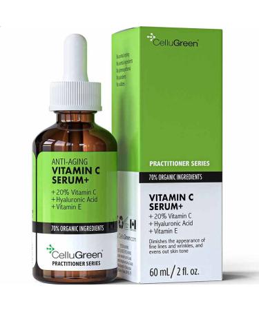NEW! CelluGreen Vitamin C Serum For Face Hyaluronic Acid + Vitamin E. Organic Face Care Facial Serum w Deep Hydration. Made in Canada. Vegan 60ml / 2oz 60 ml (Pack of 1)