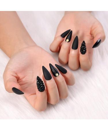Artquee 24pcs Press On Nails - Black Medium Long Almond Stiletto Matte & Glossy 3D Rhinestones & Gold Studs - Perfect for Women s Manicure - Buy Online on GoSupps.com