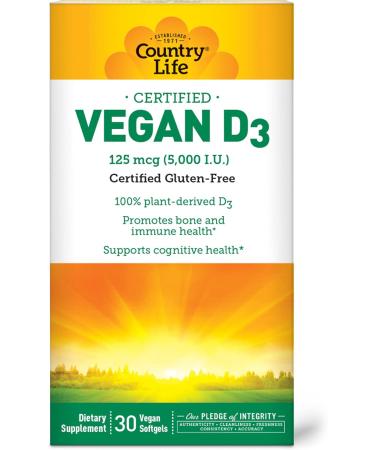 Country Life Vegan D3 5000 IU Plant-Derived Vitamin D3 from Lichen High Potency Immune & Bone Support Certified Vegan Gluten-Free Non-GMO 30 Softgels - Buy Online on GoSupps.com
