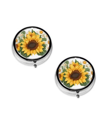 (Yellow Sunflowers and White Flowers) Round Pill Box 3 Compartment Pill Box Mini Decorative Pocket Purse Portable Travel Medicine Tablet Vitamin Holder Organizer Pill Case