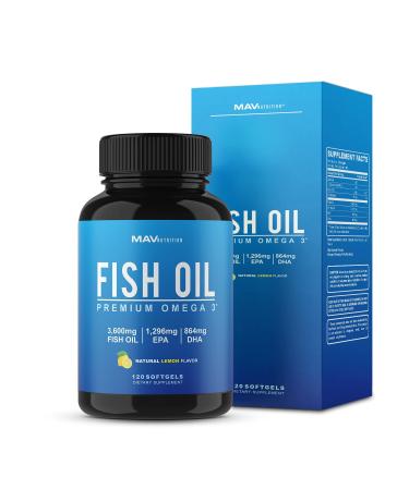 Fish Oil 3600 mg Lemon Flavor Soft Gels | Omega 3 + EPA & DHA | Brain Heart Joints Skin and Immune Support | 120 Count Non-GMO Omega-3 Burpless Softgels Supplements 120 Count (Pack of 1)