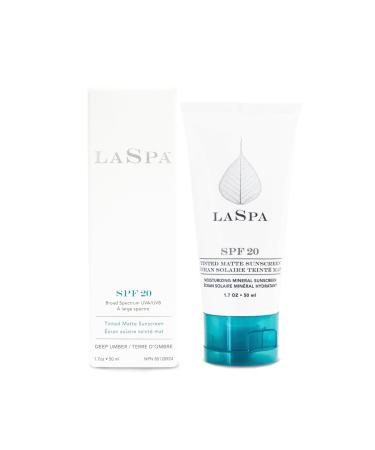SPF20 Tinted Mineral Sunscreen by LASPA | Broad Spectrum UVA & UVB Protection | Non-Comedogenic & Fragrance-Free | Hypoallergenic | Matte Finish 5 Shades For All Skin Tones (Deep Umber) 1.07oz