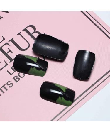 Tseenyi Long Coffin Press On Nails - Black & Green Shiny Full Cover Acrylic Fake Nails for Women & Girls | 24 Pcs Fashion Artificial Nails - Buy Online on GoSupps.com