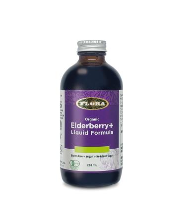 Flora Health Organic Elderberry+ Cold & Flu Liquid Daily Supplement Immune Booster Echinacea No Added Sugar Gluten Free Strengthen Immunity Detox Body Boost Energy 250 ml liquid Glass Bottle