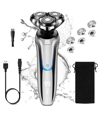 Rotary Shaver for Men Electric Razor Dry Wet Waterproof Rotary Men's Face Shaver Razors Cordless USB Rechargeable for Men Shavers Gift for Husband Father (Silver+3 Replacement Blades)