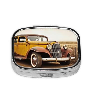 Antique Car Printing 2 Compartment Small Pill Case Cute Small Pill Box Purse Pill Boxs Travel Pill Organizer for Pocket Purse and Travel Gifts