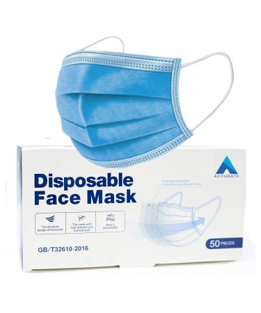 ACCURATE Blue Disposable Face Masks | 3 Ply Earloop Face Covering with Nose Clip | Sutaible For Sensitive Skin 50