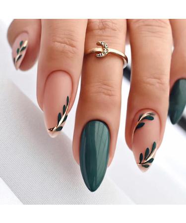 Almond Press on Nails Short  Dark Green Glossy Fake Nails with Gold Line Green Leafr Designs Glue on Nails Acrylic Nails Nude Matte False Nails with Glue Artificial Nails For Women Girls 24Pcs almond style-15