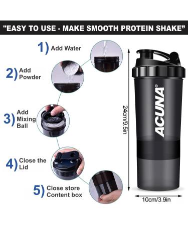 ACUNA Protein Shaker Bottle 600ml - 3-Layer Twist Off Cups - Steel Mixing Ball - Easy to Clean - Gym & Sports Shaker Bottle (Black) - Buy Online on GoSupps.com