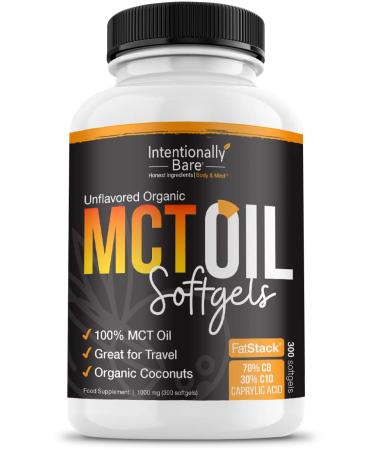 Intentionally Bare Organic MCT Oil Capsules - Keto, Paleo, Low Carb  70% C8 | 30% C10  Great for Travel - 100% MCT Oil  Unflavored  1000mg per Capsule - 300 Capsules