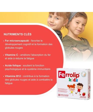 Ferrolip Kids Compl ment de Fer pour Enfants d s 3 Ans avec Acide Folique Vitamine C et B12 (20 Sachets Oralsolubles la Fraise) Sans Troubles Gastro-intestinaux Sans Go t M tallique - Buy Online on GoSupps.com