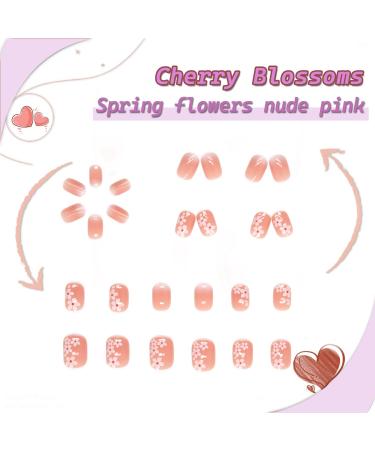 Cherry Blossom Flower Press on Nails - Short Pink Square Fake Nails with Nail Glue | French Acrylic Full Cover False Nails for Women & Girls - 24PCS - Buy Online on GoSupps.com
