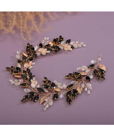 Deniferymakeup Rhinestone Bridal Hair Vine Crystal Wedding Headband Rhinestone Bride Headpiece Leaf Hair Accessories for Women and Girls (Gold Black) - Buy Online on GoSupps.com