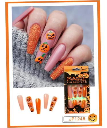 Halloween Press on Nails Medium Length Fake Nails Acrylic Nails Pumpkin Black Flame Cross Head Design Nails Fake Nails Glue for Women and Girls The Most Fashionable Nail Decoration - Buy Online on GoSupps.com
