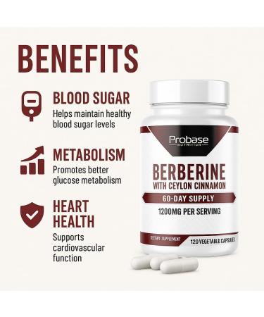 Probase Nutrition Berberine with Cinnamon Extract - Gluten Free and Vegan - 120 Capsules - 1200mg per Serving - Buy Online on GoSupps.com