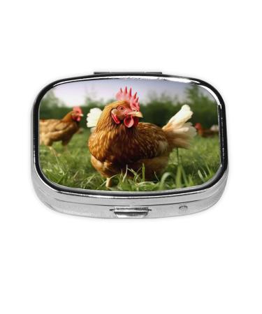Funny Chicken Grass Printing 2 Compartment Small Pill Case Cute Small Pill Box Purse Pill Boxs Travel Pill Organizer for Pocket Purse and Travel Gifts