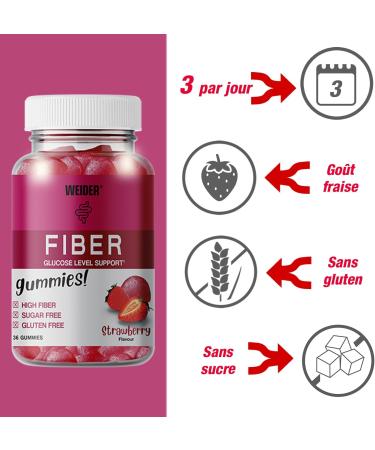 Weider Fiber Gummies (36 Gums) Strawberry Flavor Gums with 6g Soluble Fibersol Fibersol/serving Helps Digestion and Blood Sugar Control. No Added Sugars Gluten Free. - Buy Online on GoSupps.com