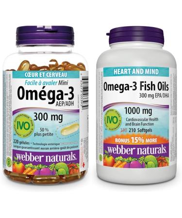 Webber Naturals Omega-3 300 mg Mini 220 Clear Enteric No Fishy Aftertaste Mini Softgels & Omega-3 Fish Oil 1 000 mg 210 Softgels Supports Cardiovascular Health and Brain Function