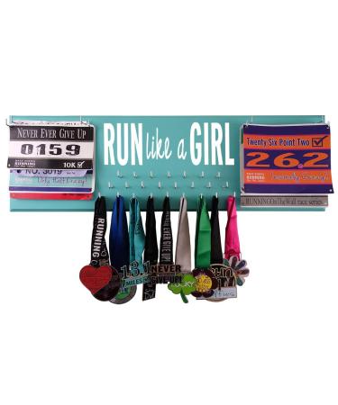 Running On The Wall Medal Hanger Display and Race Bibs Run Like A Girl Double Race Bib Design Turquoise