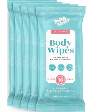 Body Wipes (5 Pack)  50 XL Shower Wipes, Body Wipes for Adults Bathing, Adult wipes - Bath Wipes for Adults No Rinse, with Vitamin E & Aloe Vera, Alcohol-Free, Rinse Free (8x12 Inch) 50 Count (Pack of 1)